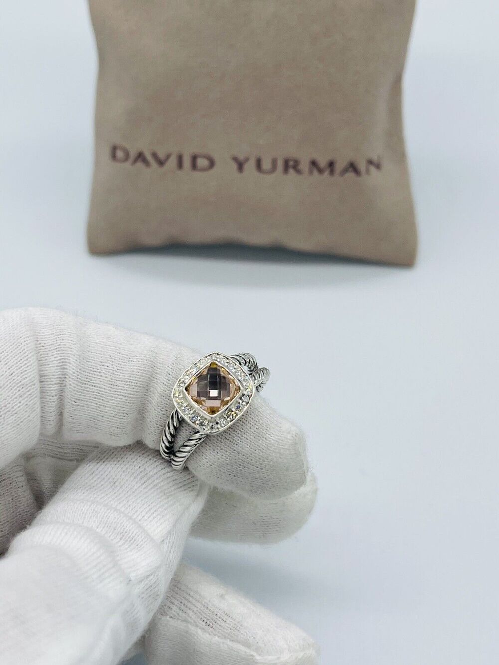 David Yurman Sterling Silver Morganite & Diamond Petite Albion Ring Size 8